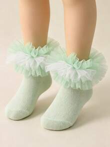 1 par de calcetines cortos de malla y encaje estilo princesa para niñas, calcetines de bebé de doble color con volantes de malla para baile y actuación de tutú - verde menta - Ver 3