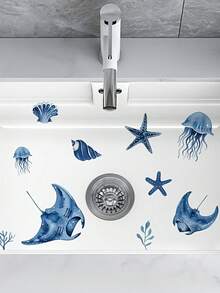Stiker Dekoratif Wastafel Kamar Mandi Berkualitas Tinggi yang Tidak Mengelupas dengan Kombinasi Makhluk Laut Biru yang Menyegarkan, Ubur-ubur dan Bintang Laut - A - View 4