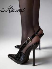 Black Pointed Toe High Heel Shoes, Stiletto Heels, Patent Leather Metallic Toe Strap Sandals - Black - View 2