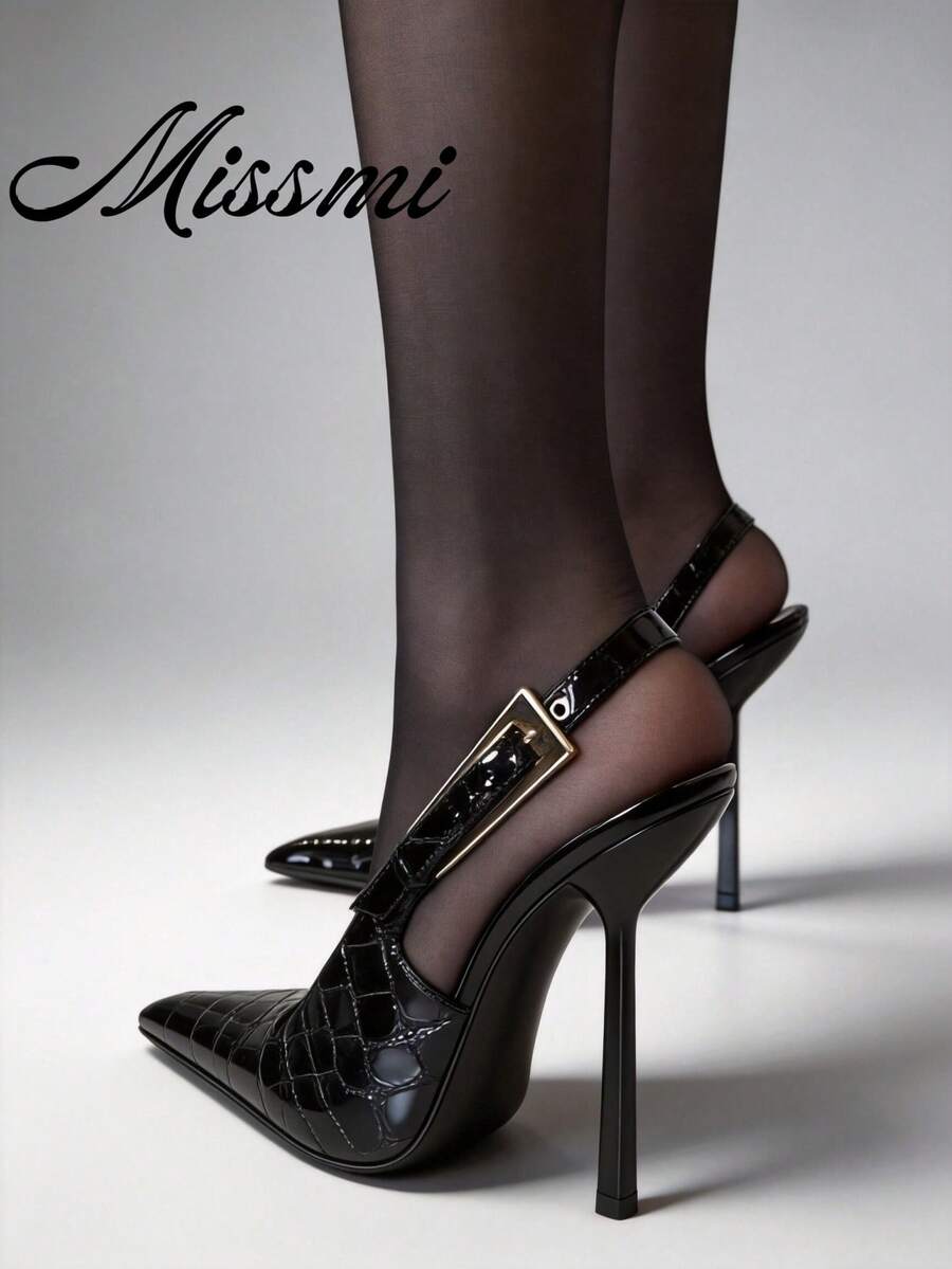 Black Pointed Toe High Heel Shoes, Stiletto Heels, Patent Leather Metallic Toe Strap Sandals