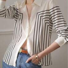 Women's fashion YUXIN Blusa de seda con rayas geométricas para mujer, de manga larga y ajustada con cuello, transpirable y de moda, adecuada para la oficina/ocasiones sociales ligeras casuales - Rojo - Ver 9