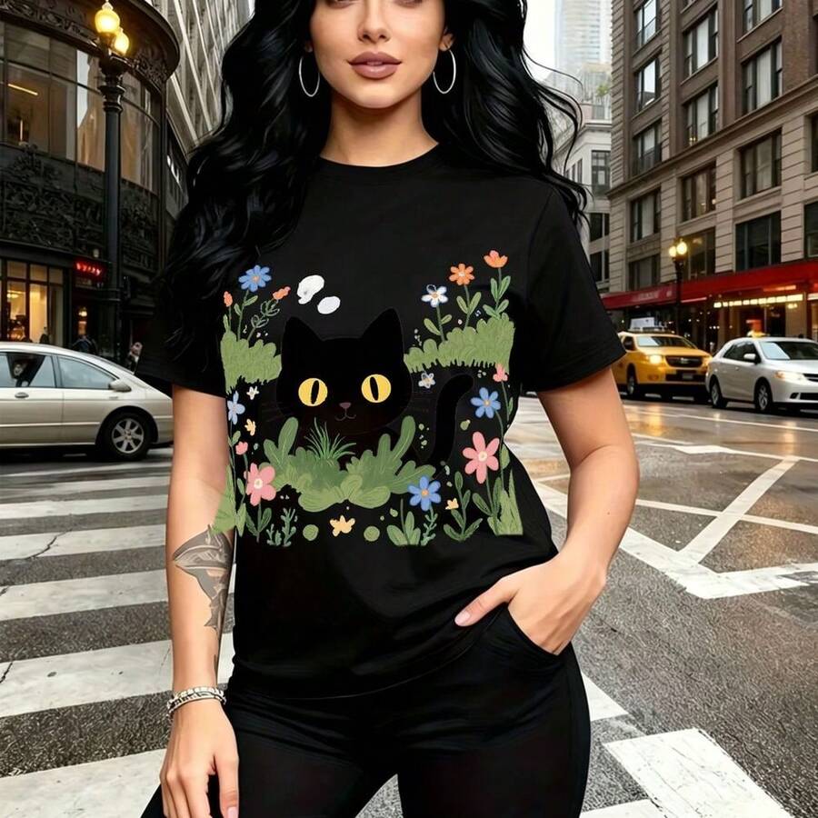Camiseta de mujer con estampado vibrante y alegre inspirado en la cultura mexicana - camiseta casual de cuello redondo, ajuste cómodo y suave, estilo festivo y moderno - ideal para el Día de la Madre, cumpleaños y reuniones familiares, regalo perfect - Negro - Ver 1