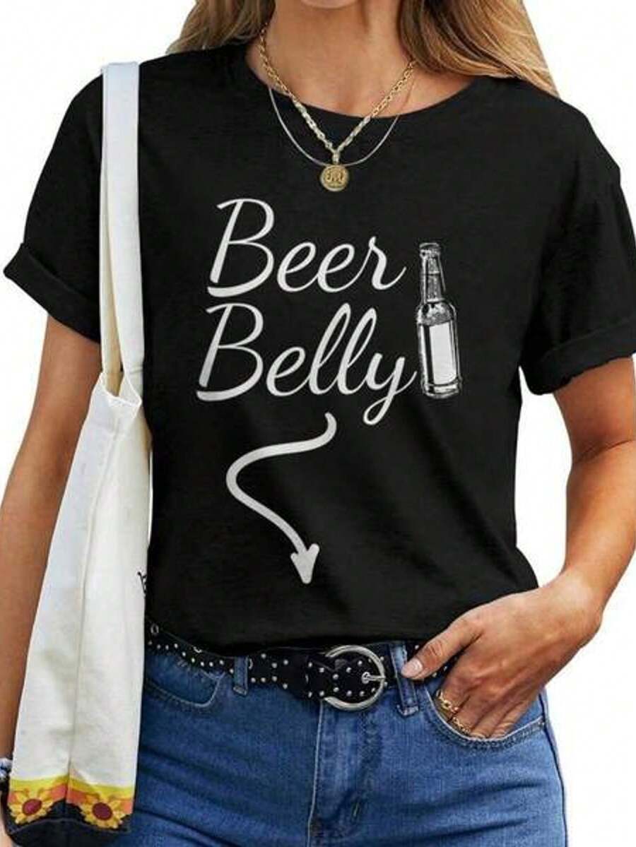 Camiseta de mujer para estudiantes de unrsidad con diseño de barriga de cerveza