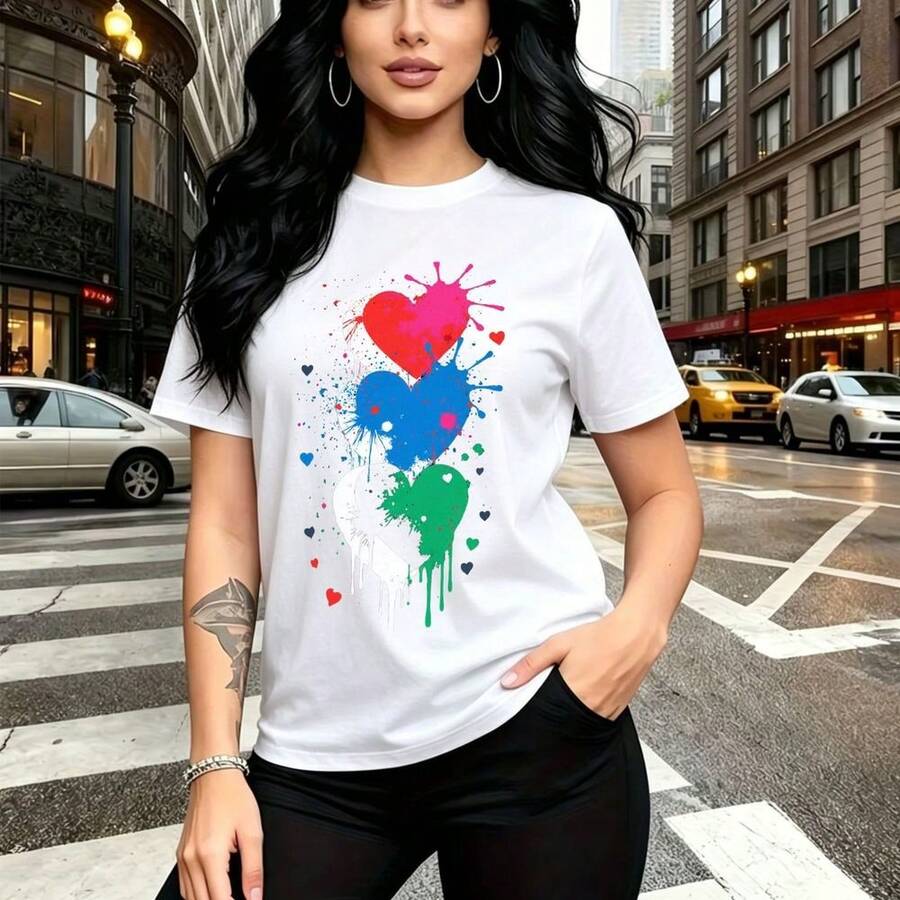 Camiseta de mujer con estampado moderno de tres corazones apilados en rojo, azul y verde con efecto salpicaduras - camiseta casual de manga corta con ajuste cómodo y estilo urbano vibrante - ideal para paseos por la ciudad, reuniones con amigas y reg - Blanco - Ver 1
