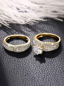 2pcs Gold Cubic Zirconia Ring Set, Full Pave Zirconia Ring Band With Solitaire Engagement Ring, Luxury Wedding Ring Set For Women - Gold - View 5