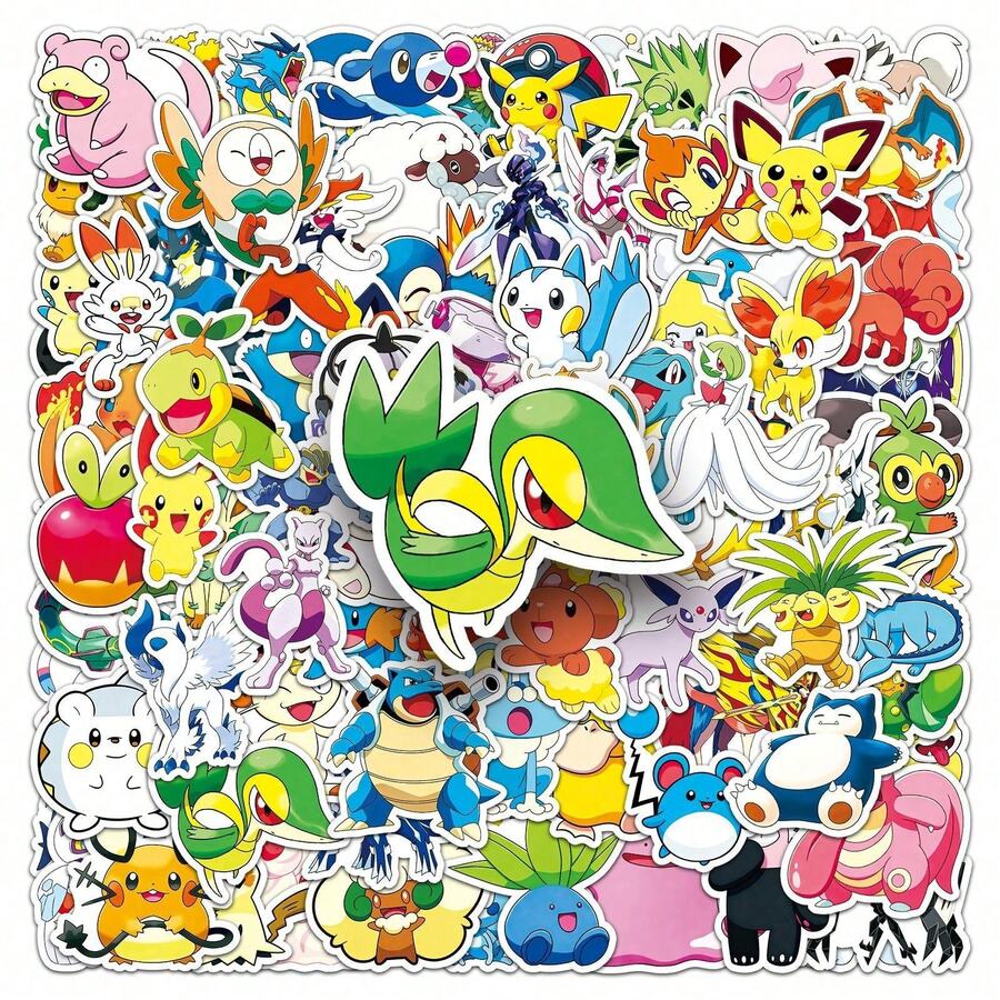 100PCS MINISO Pokemon Cute Cartoon Colorful Stickers, Premium High-Quality Sticker Set, Laptop Decoration, Phone Case Embellishment, Backpack And Travel Gear Adornment, Collectible Aesthetic Accessory, Vibrant Playful Style - Green - View 1