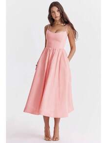Women's Long Backless Spaghetti Strap Summer Dress - 磨砂黑 - 查看 3