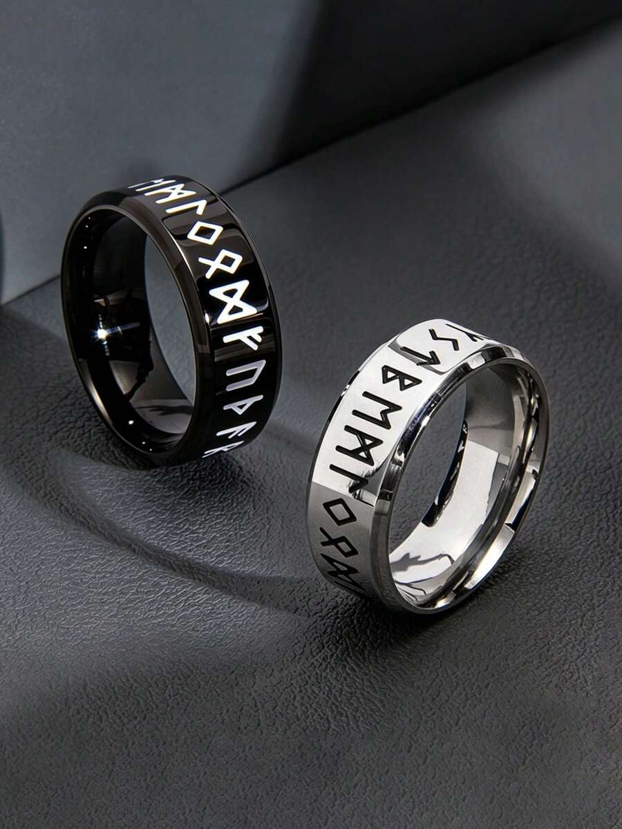 1PC/2PCS Cincin Totem Rune Fashion dari Baja Tahan Karat, Cincin Jimat, Aksesori Perhiasan Pria, Cocok untuk Pemakaian Sehari-hari dan Pesta - Cincin Viking hitam putih - View 1