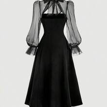WNS  MOD Vestido de cuello alto negro con mangas acampanadas de malla de contraste y cuello de corbata - Negro01 - Ver 4