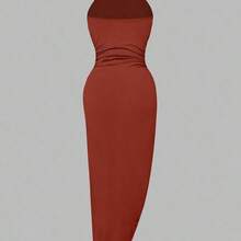WNS  Vestido de verano elegante de mujer de color rojo óxido con pliegues laterales y cuello halter - Rojo - Ver 3