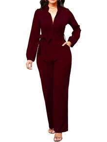 Jumpsuits Women Formal Elegant Long Straight Pants Busineess Party Jumpsuit With Belt Pockets - 白色 - 查看 11