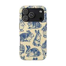 Apple 17 Pro Max Plus Hase Mobile Phone Case |   Blue & Yellow Animal Pattern |   Vintage-Style Rabbit Illustration |   Shiny Durable Case 23 24 25 26 - White - View 4