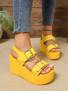 Women's Summer Fashion Shoes, Platform Open Toe Wedge Heel New Yellow Glossy Stylish Thick Bottom Sandals. Versatile High Heel Ladies Anti-Slip Peep-Toe Summer Thick Sole Increased Height Sandals. Adjustable Buckle Design Summer Outdoor Casual Vacation Classic Versatile Women Shoes - Yellow - View 4