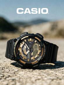 Đồng hồ Casio nam, mặt số kim, dây đeo nhựa màu đen vàng, pin dùng được 10 năm, chống nước 100M, giờ thế giới, đồng hồ thể thao AEQ-110BW-9A - màu đen - Xem 2