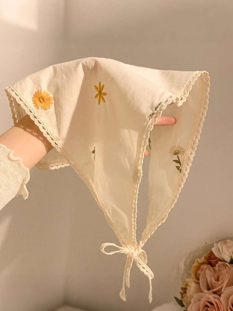 3件組法式鄉村風雛菊刺繡髮箍、髮圈與正方形圍巾套組，蕾絲邊三角巾，夏季波希米亞風髮飾，適合日常與度假使用 - 彩色 - 查看 9