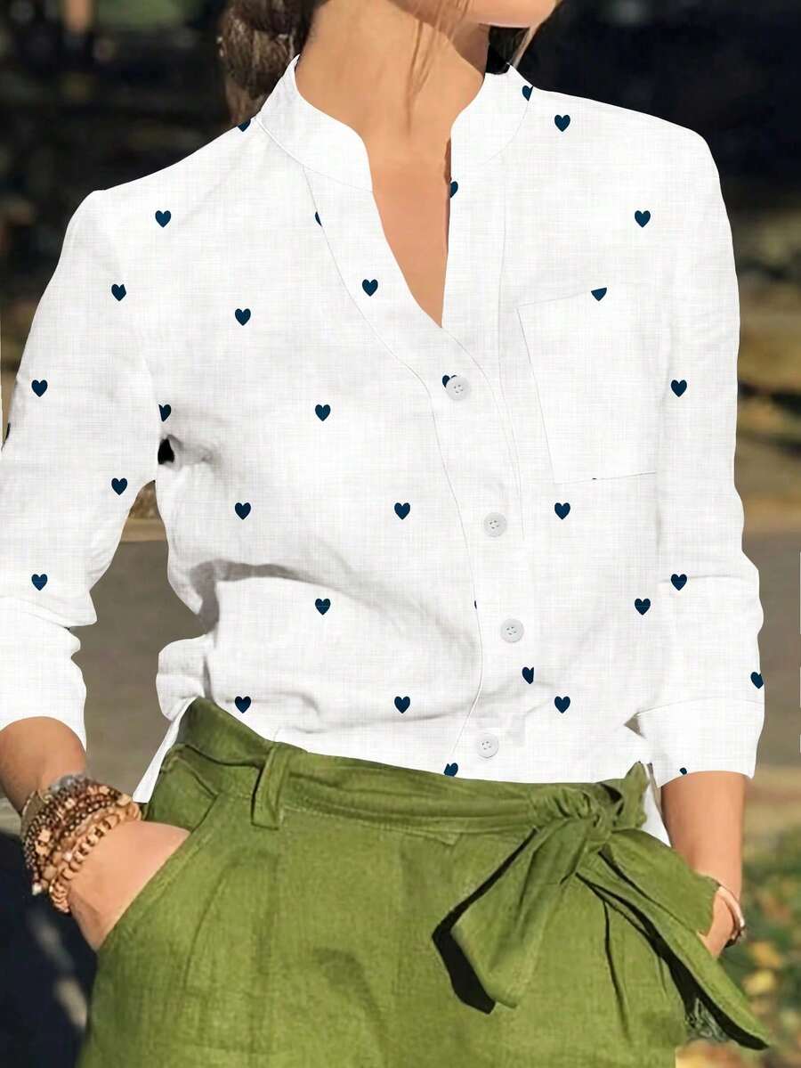 Camisa de mujer de manga larga con botones y bolsillos, con estampado romántico de corazones, adecuada para otoño, invierno y primavera, color blanco - Blanco - Ver 1