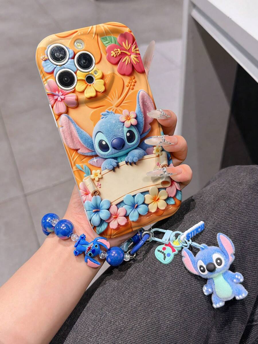 Disney Has Authorized, Phone Case - Chain Set, The Stitch Lilo & Stitch 3D Phone Case Plus A Silicone 3D Stitch Bracelet With Metallic Ring Removable Bracelet, Stitch And Angel Pattern, Compatible With Iphone17/16/15/14/13/12/11/XS/XR/X Plus Pro Max, A Stylish Cartoon Phone Case, The Perfect Gift Choice, Phone Protection, Durable Phone Cover, Great Gift For Friends And Family. - trắng - Xem 1