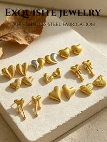 Set de 18 piezas / 9 pares de pendientes de mujer de colores dorado y plateado para el verano. Incluye formas de corazón lisas, corazones bicolor dorado y plateado, corazones derretidos y otros diseños. Adecuado para uso diario casual y de vacaciones. - Juego de acero inoxidable - Ver 8