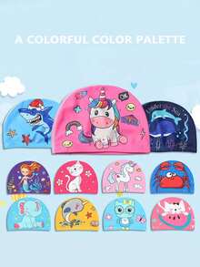 1 pieza Gorro de natación de dibujos animados, universal, antideslizante y cómodo con protección para los oídos, gorra de tela con estampado de dibujos animados lindos - Multicolor - Ver 2