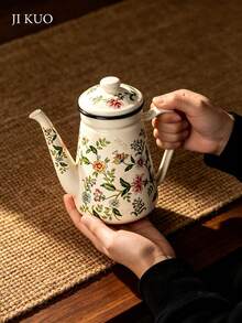 1pc 1.1L Enamel With Lid Floral Pattern Teapot, Enamel Material, Vintage Style Coffee Pot, Suitable For Kitchen And Bedroom, Compatible With Gas And Induction Cooktops, Exquisite Back To School Gift. - Multicolor Teapot - View 2