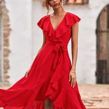Fengyu Women's Clothing Store Vestido envolvente con cinturón y volantes de tela sólida para Año Nuevo, ropa de vacaciones y atuendos de playa para mujeres - Rosa - Ver 4