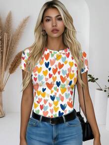 Women's Summer Vacation Style Round Neck Short Sleeve Printed T-Shirt, Casual Minimalist Cute Top - Multicolor - View 10