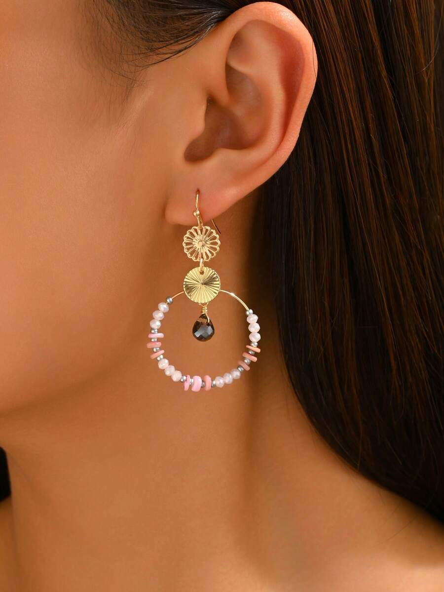 1 paire de boucles d'oreilles rondes en cristal artificiel de style bohème pour femmes, convient pour le port en vacances d'été (couleur des perles aléatoire) - Rose - E1343 - Voir 1