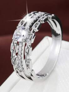 1 pieza Anillo de mujer con diseño de doble círculo estilo cadena, incrustado con circonita cúbica, exquisito - Multicolor - Ver 8