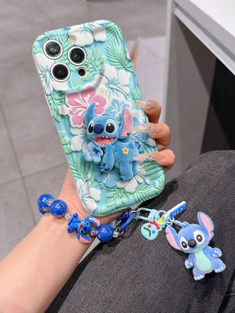 Disney Has Authorized, Phone Case - Chain Set, The Stitch Lilo & Stitch 3D Phone Case Plus A Silicone 3D Stitch Bracelet With Metallic Ring Removable Bracelet, Stitch And Angel Pattern, Compatible With Iphone17/16/15/14/13/12/11/XS/XR/X Plus Pro Max, A Stylish Cartoon Phone Case, The Perfect Gift Choice, Phone Protection, Durable Phone Cover, Great Gift For Friends And Family. - 白色 - 查看 1