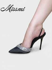 2026 Spring/Autumn New Pointed Toe Purple Stiletto High Heel Satin Rhinestone Strap Slip-On Sandals For Women - Black - View 11