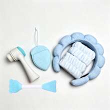 Juego de herramientas de cuidado de la piel y limpieza 6 en 1, incluye cepillo facial manual, esponja exfoliante, cepillo de silicona de doble punta para mascarillas, banda para el cabello tipo nube y muñequera absorbente. Kit de cuidado facial todo en uno para limpieza diaria y desmaquillado. - Colocar - Ver 9