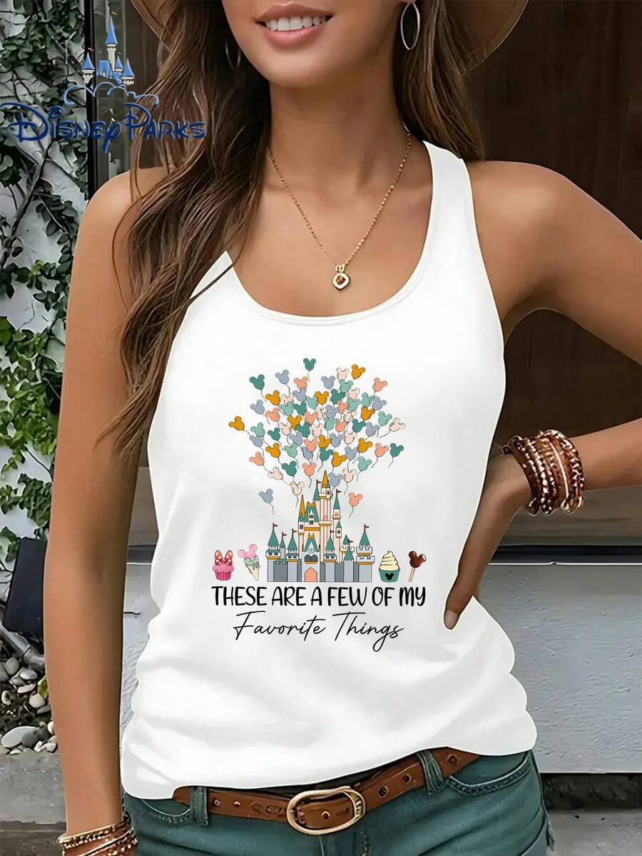 Disney'S New Licensed Women'S Collection For 2026 Features Popular Printed Designs, Including Mickey Mouse Castle Balloons And Candy Desserts. This Sleeveless Round-Neck Tank Top Is Stylish, Comfortable, And Versatile - White - View 1