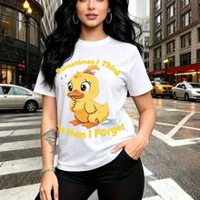 Camiseta de mujer con estampado divertido de patito amarillo y frase "Sometimes I Think But then I Forget" - diseño gráfico estilo urbano con lazo rosa, ajuste cómodo y fresco para el calor - ideal para paseos por la ciudad, días lluviosos o salidas - Blanco - Ver 11
