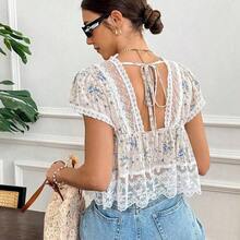 Camisa casual de mujer con estampado floral diminuto y mangas cortas - Azul - Ver 2