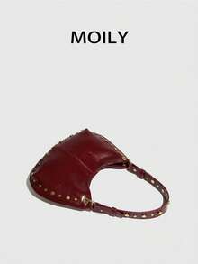 Punk Street Style Rivet Adjustable Shoulder Crossbody Saddle Bag For Women - Burgundy - View 6
