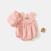 Set de 2 piezas Pelele bordado dulce para bebé niña con sombrero, conjunto de verano - Rosa Pálido - Ver 4