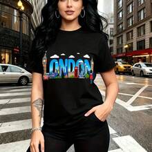 Camiseta de mujer con estampado urbano de Londres con rascacielos, Big Ben y autobuses rojos de dos pisos - camiseta casual de manga corta con ajuste cómodo y estilo moderno, ideal para pasear por la ciudad o salir con amigos - regalo perfecto para m - Negro - Ver 10