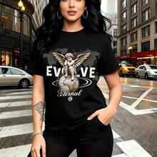 Camiseta de mujer con estampado gráfico de ángel alado sobre globo terráqueo y la frase "EVOLVE Eternal" - diseño urbano con estilo alternativo, ajuste cómodo y fresco ideal para el día a día en la ciudad - regalo perfecto para mamá, esposa, novia, h - Negro - Ver 11