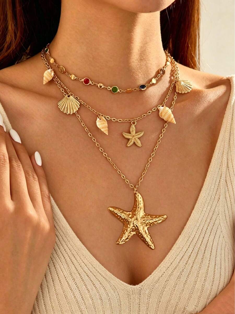 3pcs Summer Ocean Style Colorful Crystal Pendant Necklace Set, Includes Sealife Charm & Gold Chain, Suitable For Beach, Vacation, Daily Wear, Dates - Multicolor - View 1