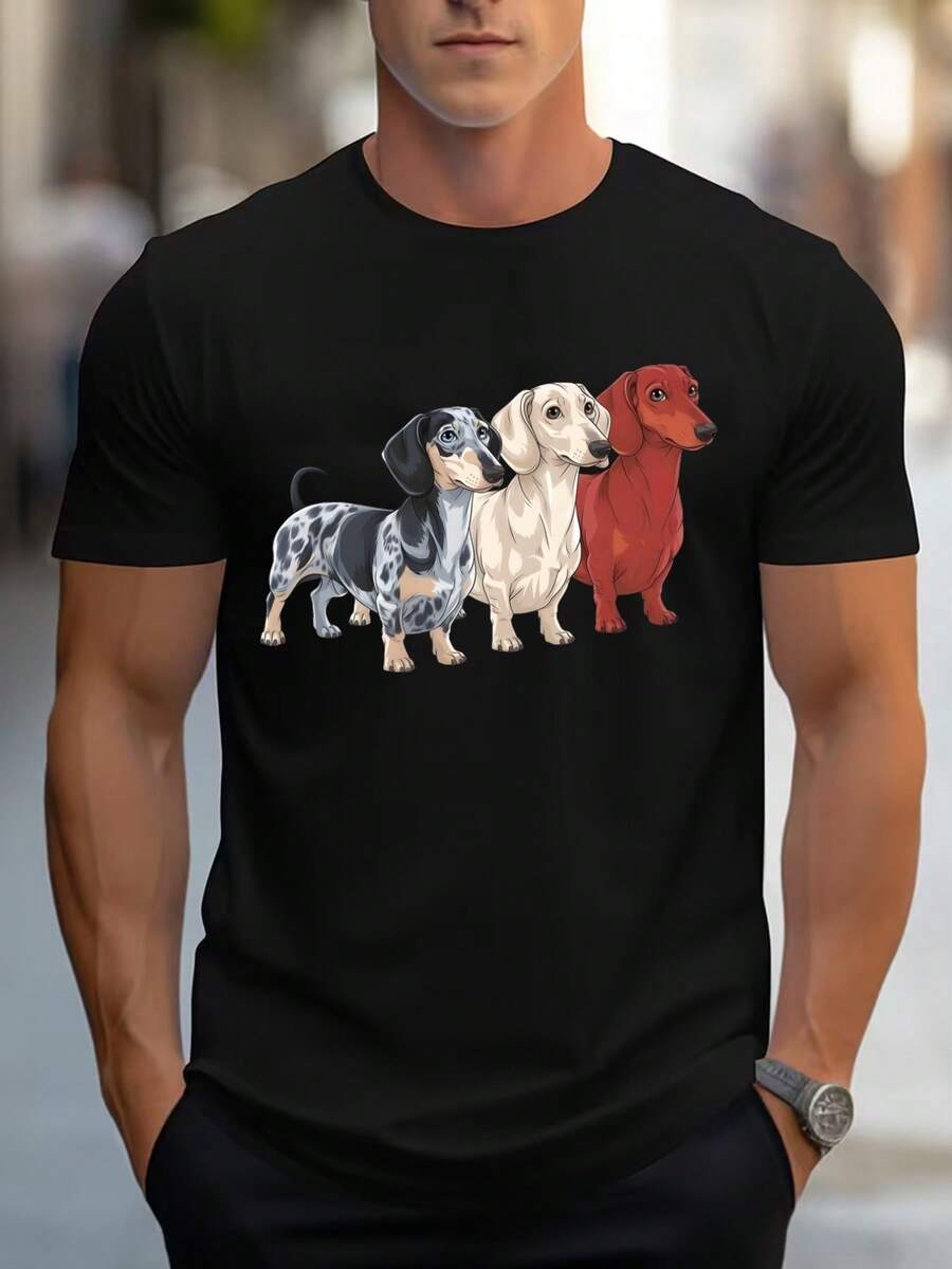Camiseta de hombre con cuello redondo y un diseño de estampado creativo de tres adorables dachshunds. Un imprescindible para ropa casual moderna para exteriores, lavable a máquina y versátil para cualquier outfit, con envío local. - Negro - Ver 1