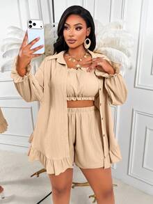 AIJ Plus Size Women Casual Set, Includes Ruffle Hem And Front Button Collar Blouse Elegant Summer - Apricot - View 3