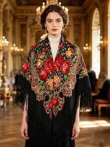 1 Buah Syal Persegi Besar Motif Bunga Gaya Bohemian Vintage Bahan Poliester Berkualitas Tinggi dengan Rumbai untuk Wanita, Cocok untuk Semua Musim, Syal Multifungsi - MultiWarna - View 1