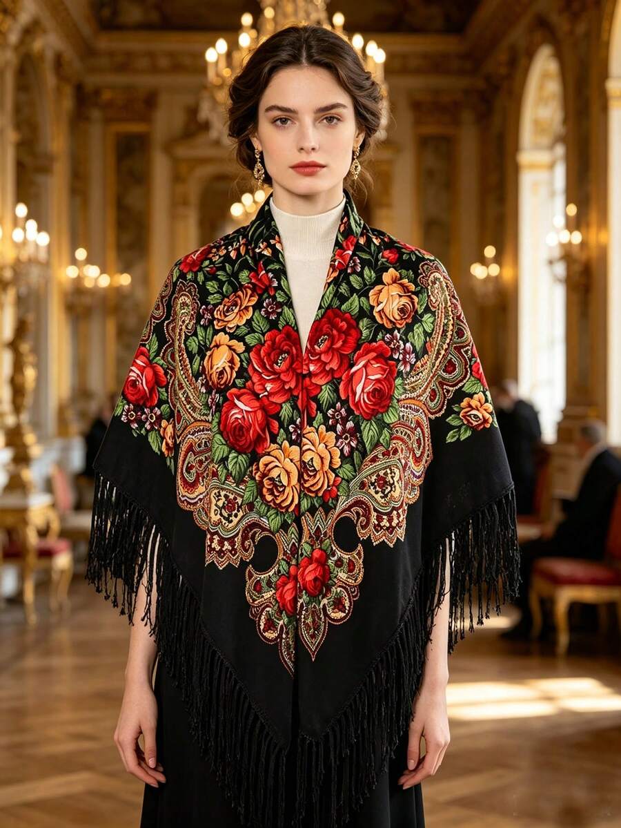 1 Buah Syal Persegi Besar Motif Bunga Gaya Bohemian Vintage Bahan Poliester Berkualitas Tinggi dengan Rumbai untuk Wanita, Cocok untuk Semua Musim, Syal Multifungsi - MultiWarna - View 1