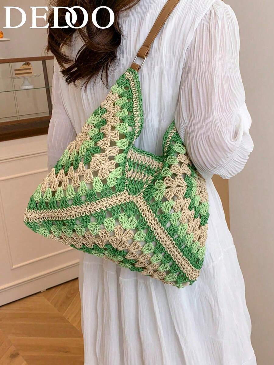 Dedoo Handmade Woven Grandma Plaid Large Capacity Tote Bag For Women, Crochet Bags