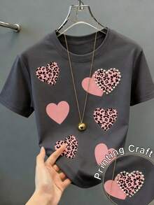 Women's Short-Sleeved T-Shirt With Heart Print, Spring Clothing, Holiday Outfit, White For Summer, Beach Look, Vacation Style, Country Style, Women's Office Outfit. - 深灰色 - 查看 6