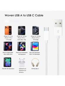 USB A 轉 Type C 充電線 3.3FT/6.6FT，USB 快充線 尼龍編織數據同步傳輸線，相容 iPhone 17/16/15/15 Pro/15 Plus/15 Pro Max，相容 ，相容其他 USB C 裝置，適用於室內/室外/旅行與車用 - 白色(USB款) - 查看 6