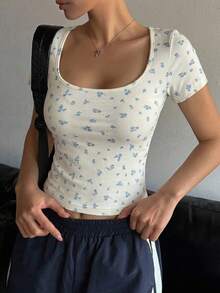 Camiseta de mujer de cuello cuadrado, manga corta, ajustada y sexy, para verano - Blanco 2 - Ver 1