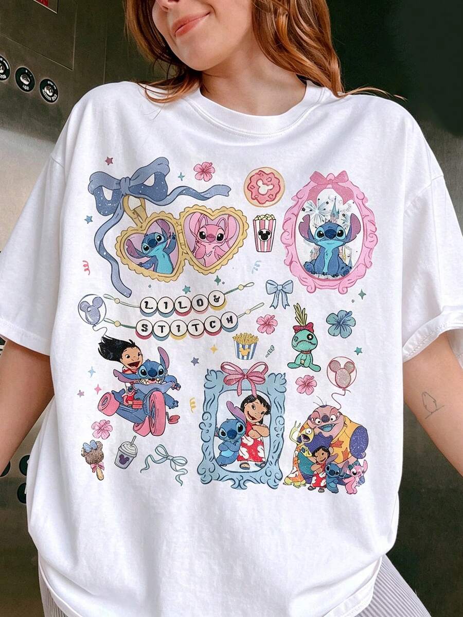 Officially Licensed Disney Product, Retro Coquette Lilo & Stitch T-Shirt, Adorable Stitch Angel Lilo Hawaiian Aloha T-Shirt, Girly Summer Shirt, Perfect For A Girls' Trip, 100% Pure Cotton High-Quality T-Shirt, Fit Well, Unisex, Great Gift, Free Shipping. - White - View 1