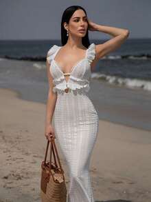Carolina Barros Vestido blanco de verano, sexy, de crochet con textura, hombros descubiertos, espalda calada y dobladillo elegante.Vestidos de verano para mujer, Vestido blanco de graduación - Blanco - Ver 1