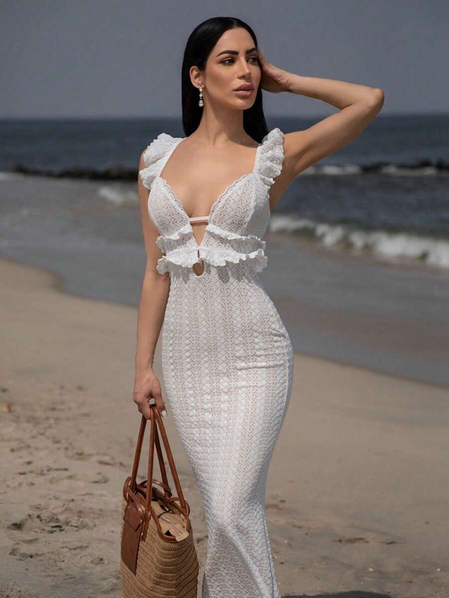 Carolina Barros Vestido blanco de verano, sexy, de crochet con textura, hombros descubiertos, espalda calada y dobladillo elegante.Vestidos de verano para mujer, Vestido blanco de graduación - Blanco - Ver 1
